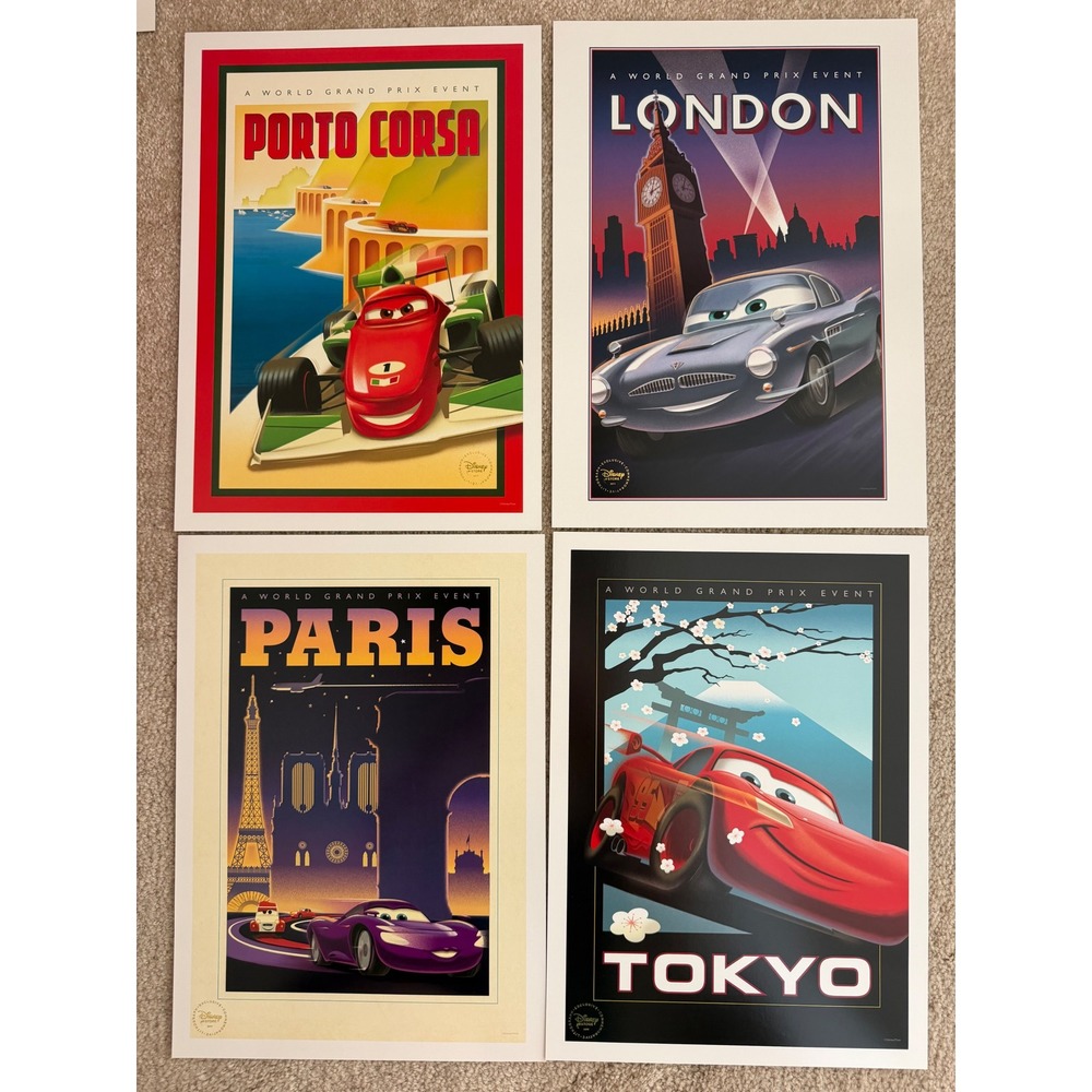 Disney Pixar Cars 2 Lithograph Set 2011 World Grand Prix Tokyo London Paris Port
